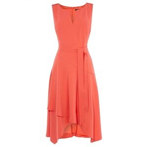 Karen Millen Coral Pink Asymmetrical Layered Midi Dress Belted DC325 Size US 2